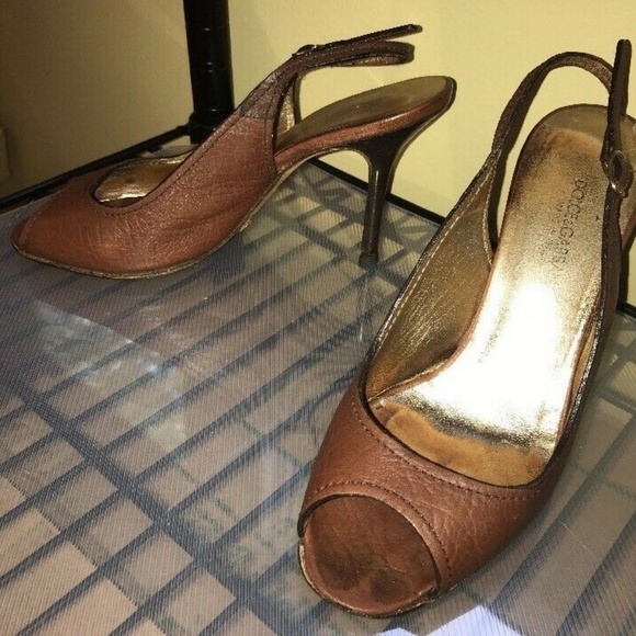 Dolce & Gabbana Sz 36 Brown Leather Peep Toe Heels - Picture 6 of 14